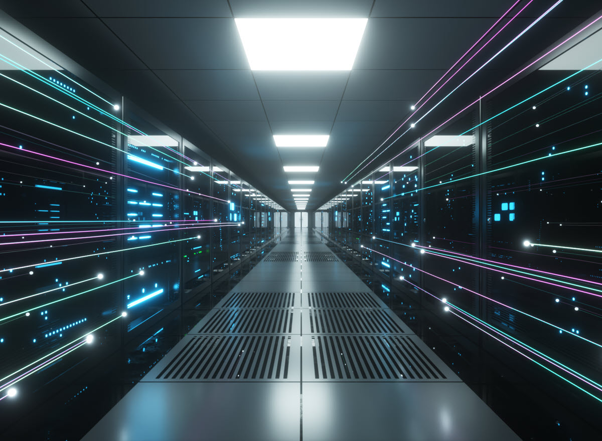 View of inside a data center with light streaks