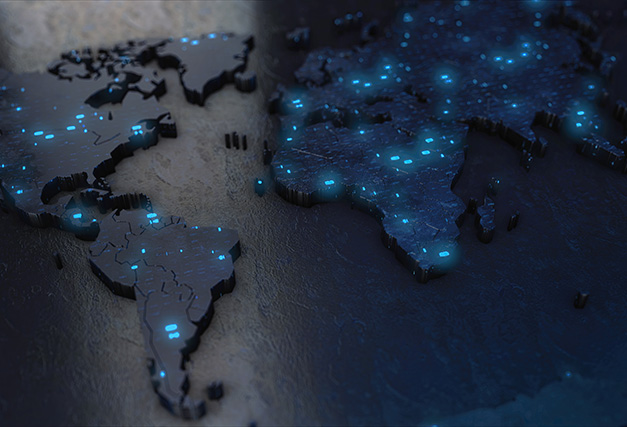 A stylized world map with glowing blue nodes representing global digital connectivity, data flow, and advanced network infrastructure.